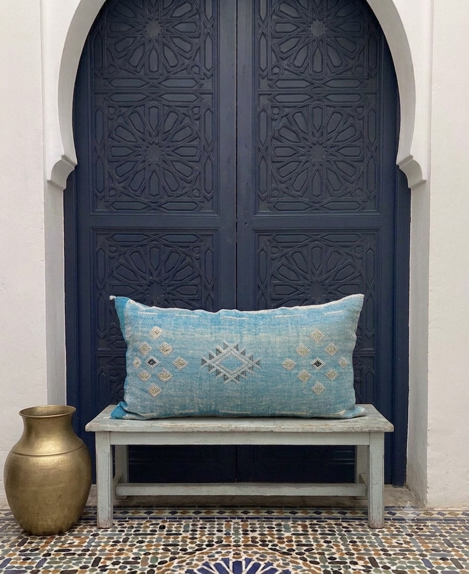 Sabra Silk Kussen Blauw uit Marokko - 95x50 cm - Afbeelding 3