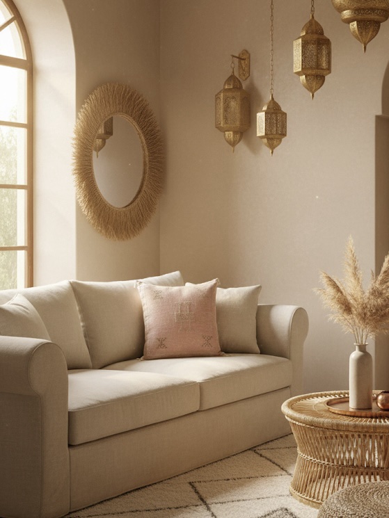 Lichtroze Sabra Silk kussen met berbermotief, handgemaakt door ambachtslieden in Marokko. Te koop bij Casa with a soul