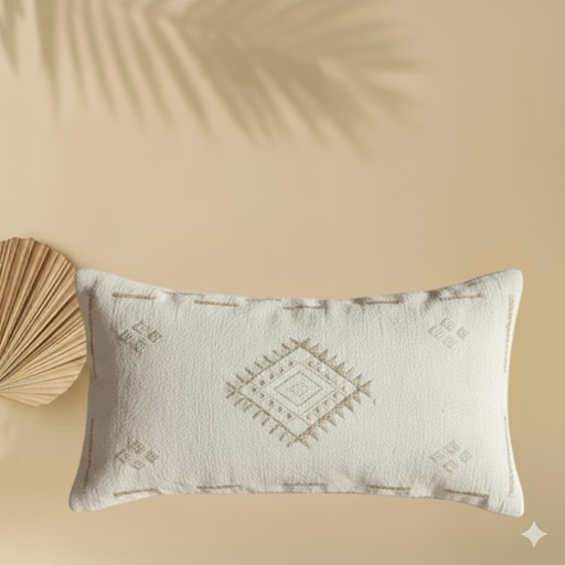 Wit-Beige Sabra Silk kussen 95x50 met handgeweven beige motief - Casa with a Soul