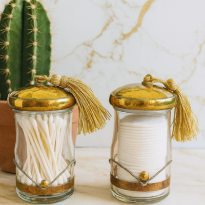 Handgemaakt potje van messing en glas met beige kwast voor kruiden of wattenstaafjes - casa with a Soul