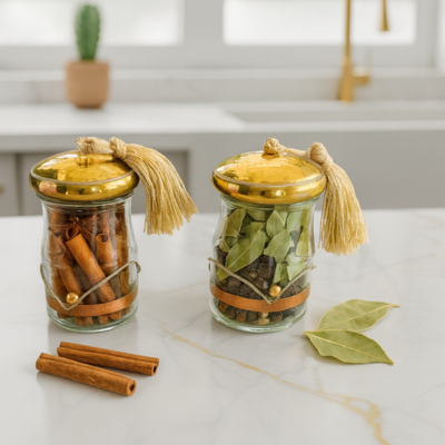 Handgemaakt messing- glas potje voor kruiden met beige kwastje - Casa with a Soul