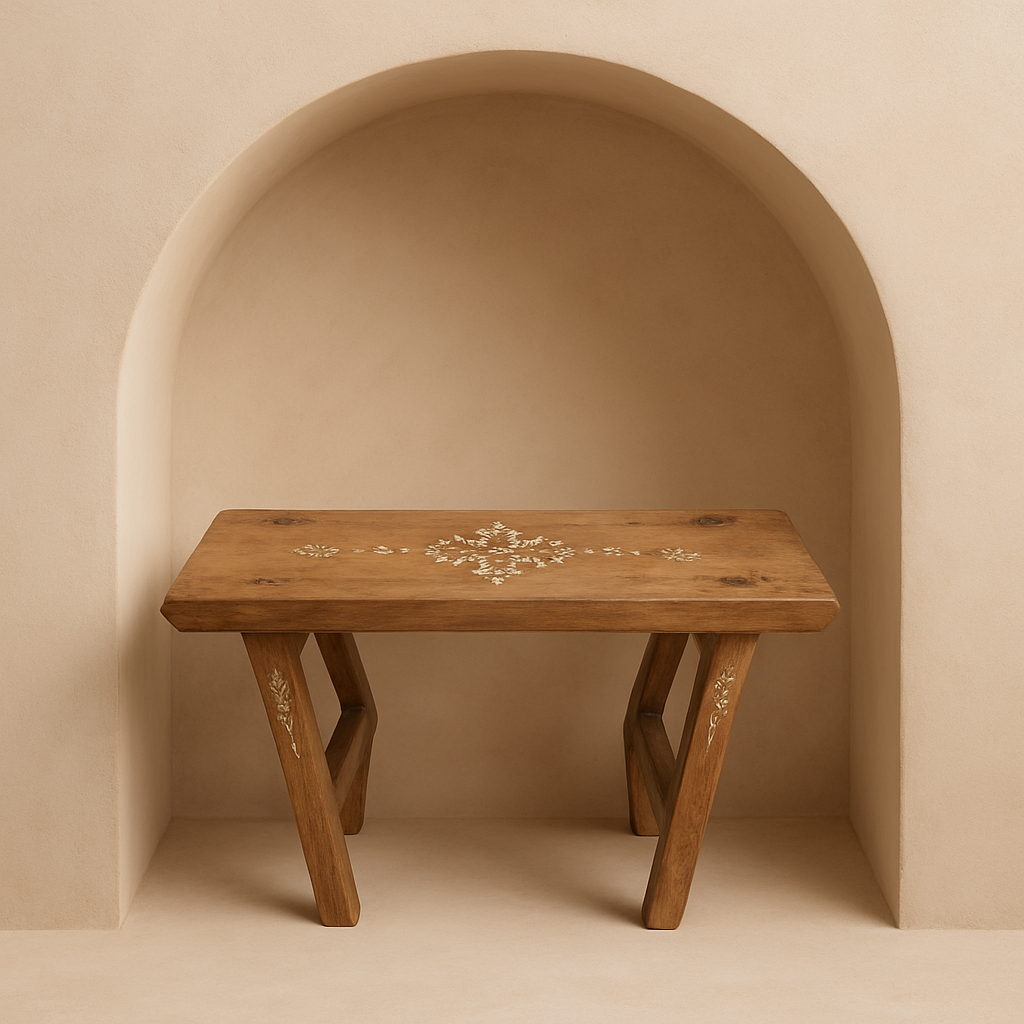 Teak Houten Bankje (van 67 cm) met Schelpinleg – Handgemaakt in Bali