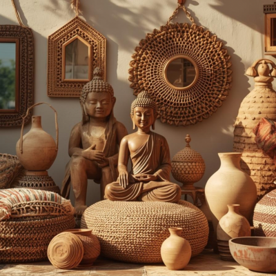 Houten beelden, wanddecoratie, spiegels, boeddha's, kruiken, allen handgemaakt marokko en Bali. Casa with a soul