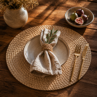 Handgeweven Boho Placemat – Natuurlijk Palmblad – Ø 42 cm