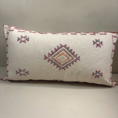 Wit Sabra Silk Kussen Rood Motief – Handgemaakt Marrakesh