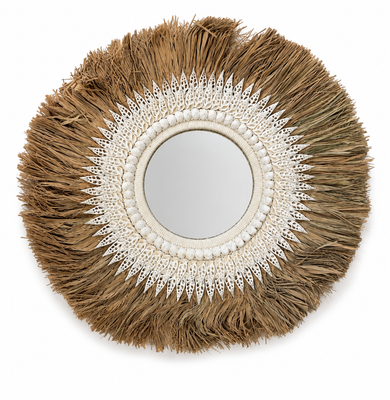 Raffia Spiegel – Naturel met Witte Schelpen