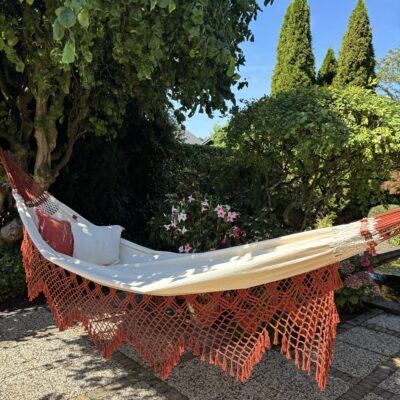 Braziliaanse Hangmat 2-Persoons Wit & Terracotta – Macramé Franjes