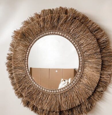 Handgemaakte raffia spiegel naturel – Ø 80 cm