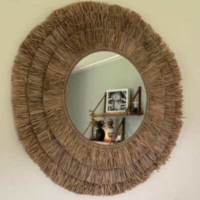 Handgemaakte raffia spiegel naturel – Ø 80 cm