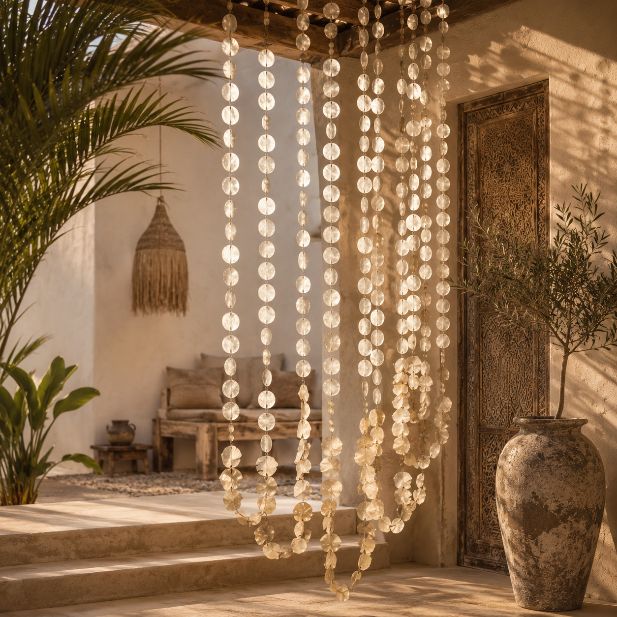 slingers_capiz_wanddecoratie_tuin_handgemaakt_Bali_marokko Capiz schelpen slinger 180 cm en wanddecoratie, handgemaakt in Bali en Marokko