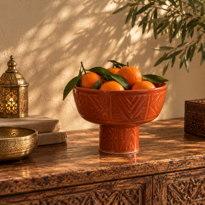 Keramiek terracotta schaal op ophoging voor fruit of decoratie. Terracotta kleur en handgemaakt in FEz- Marokko