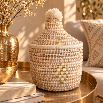 Handgemaakte natural met gouden Marokkaanse opbergmand met deksel uit Fez 25 cm