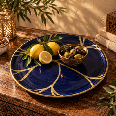 Keramiek blauwe schaal met loodvrije 24 karaats goud beschilderd van 18 en 28 cm groot, handgemaakt in Fez marokko