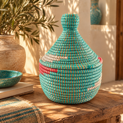 Handgemaakte turquoise Marokkaanse opbergmand met deksel uit Fez 32 cm